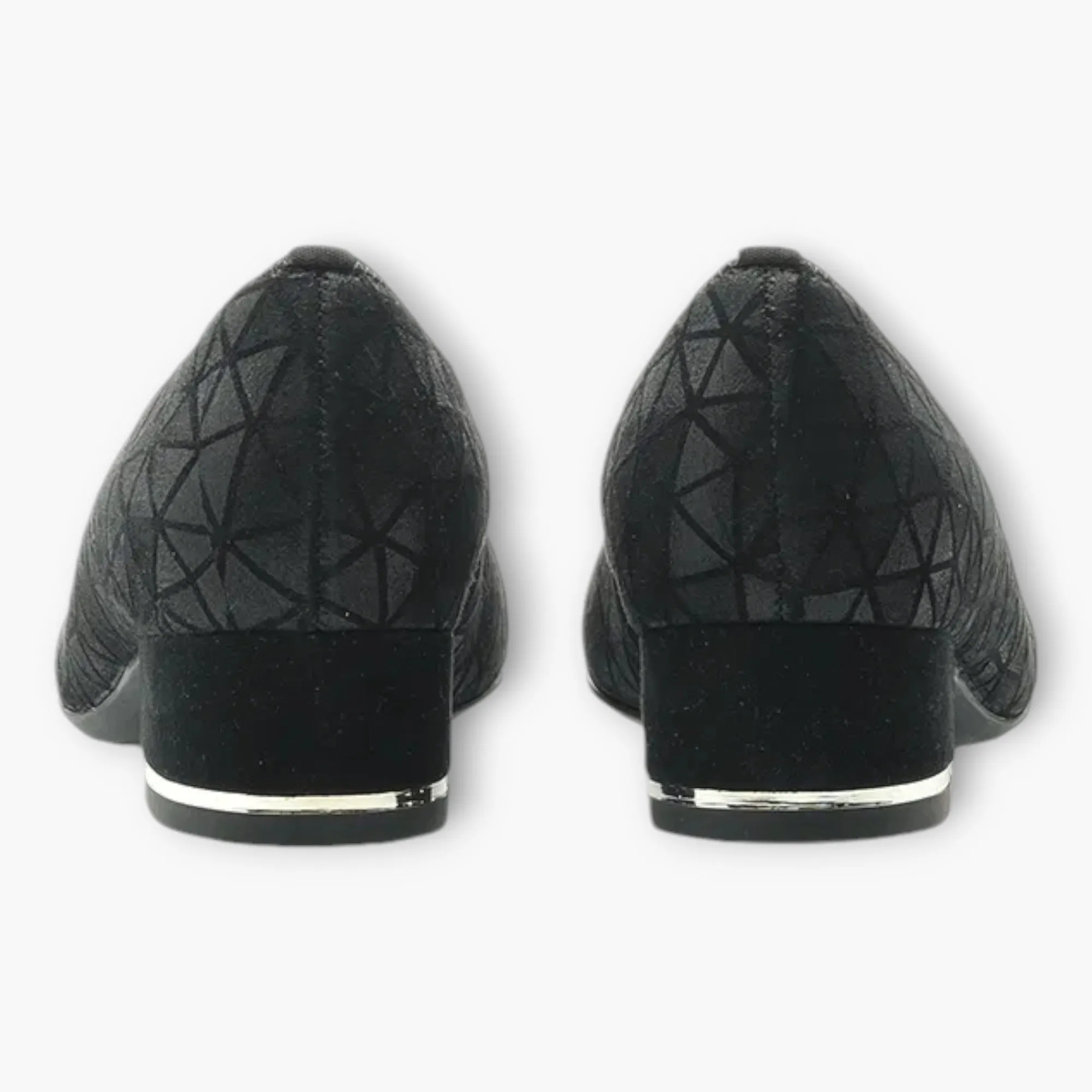 Ara Black Leather Court Shoes with Geometric Design and Silver Heel Detail