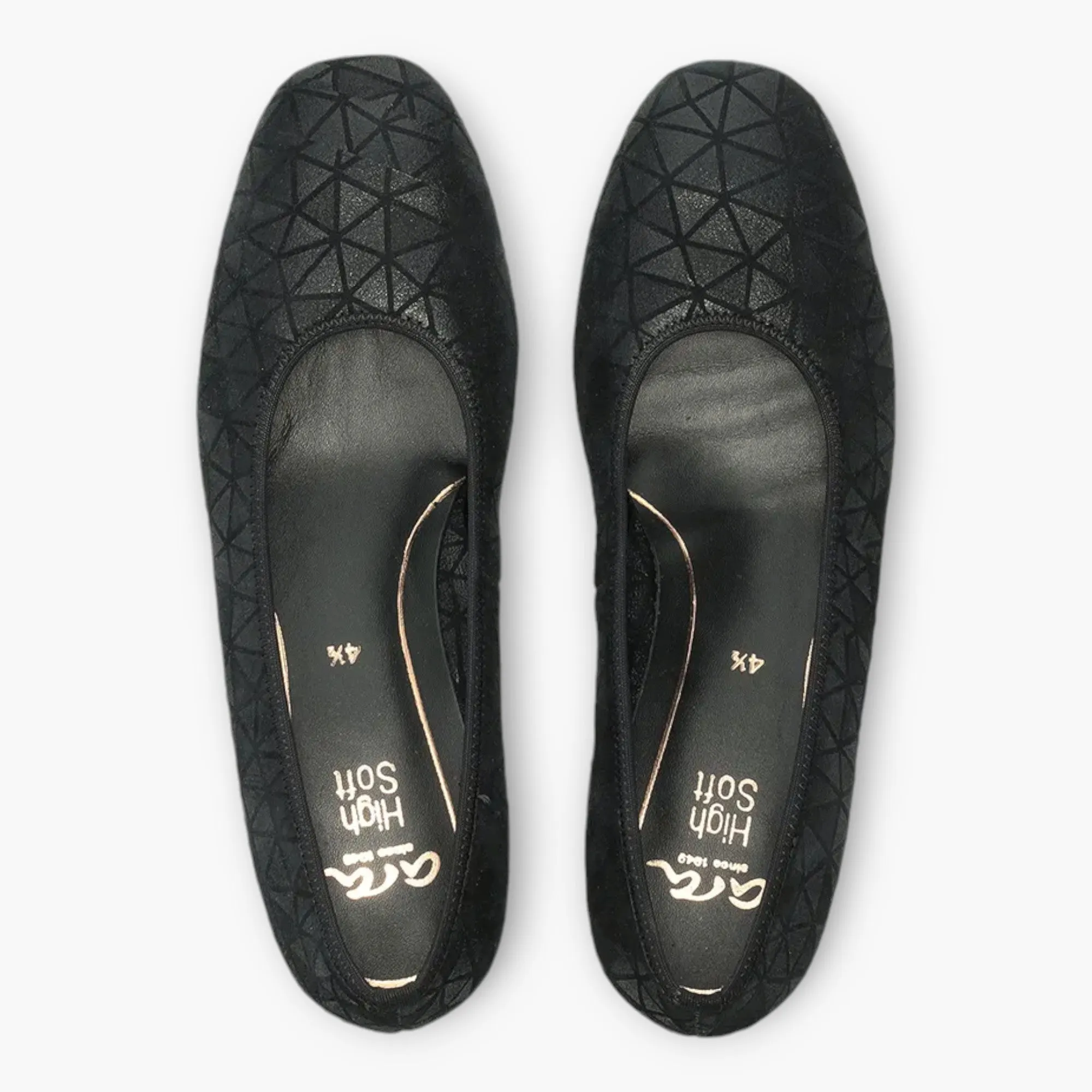 Ara Black Leather Court Shoes with Geometric Design and Silver Heel Detail