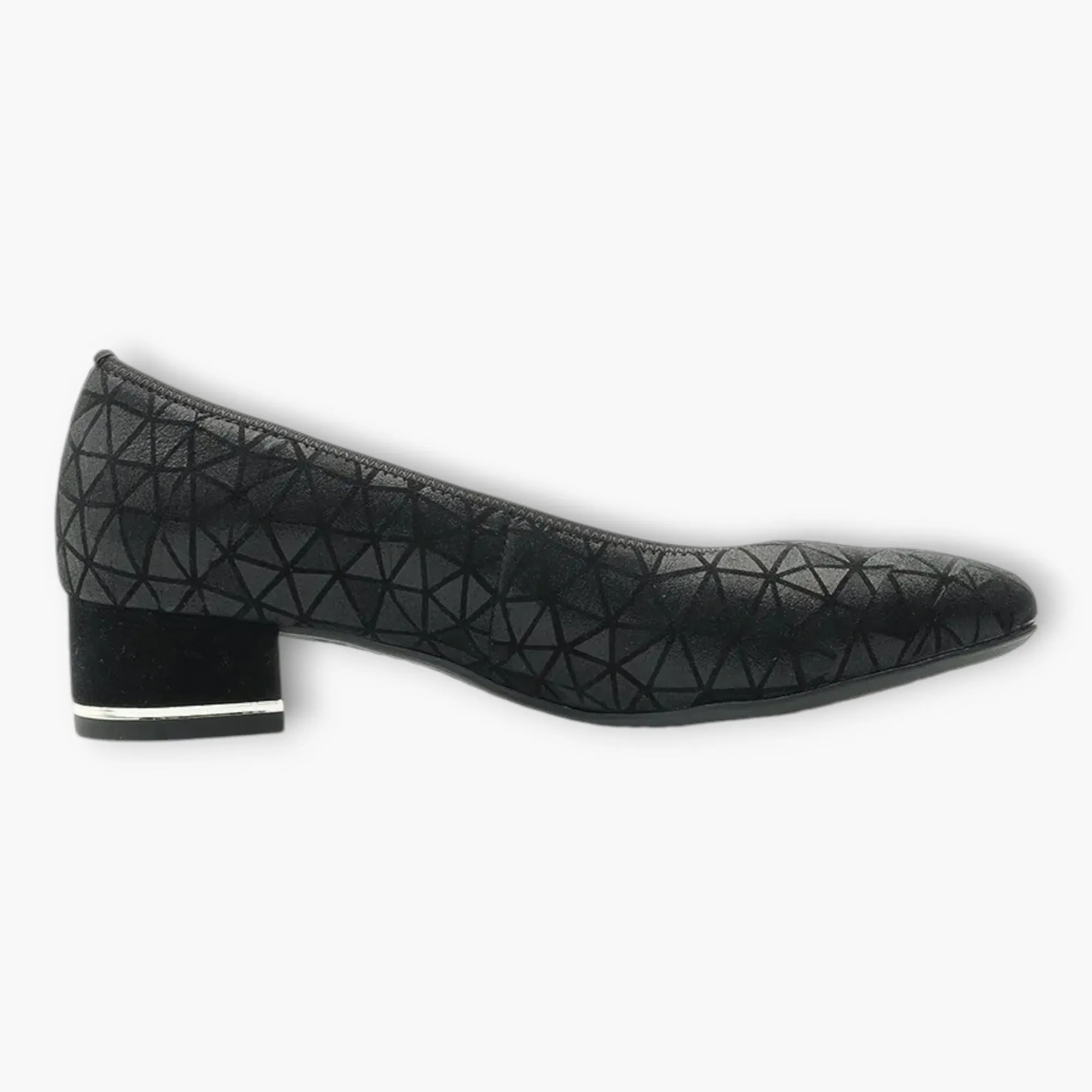 Ara Black Leather Court Shoes with Geometric Design and Silver Heel Detail