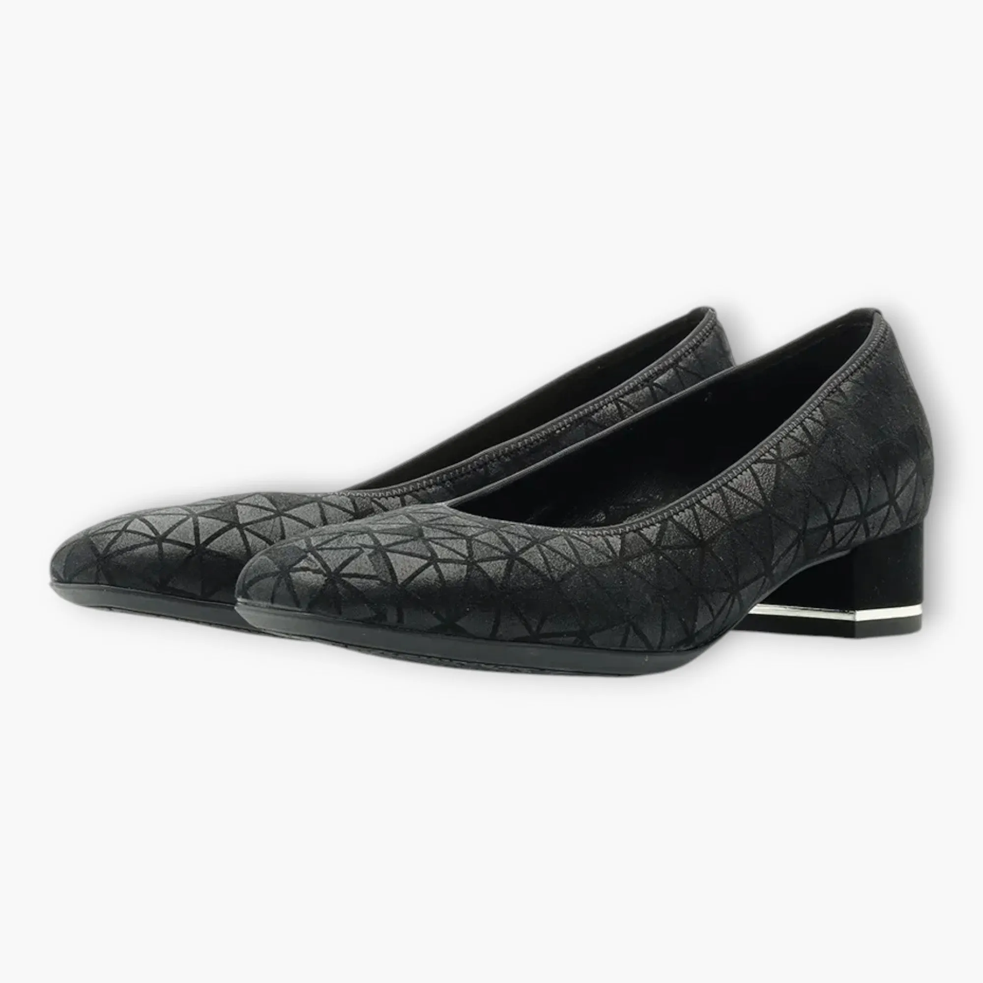 Ara Black Leather Court Shoes with Geometric Design and Silver Heel Detail