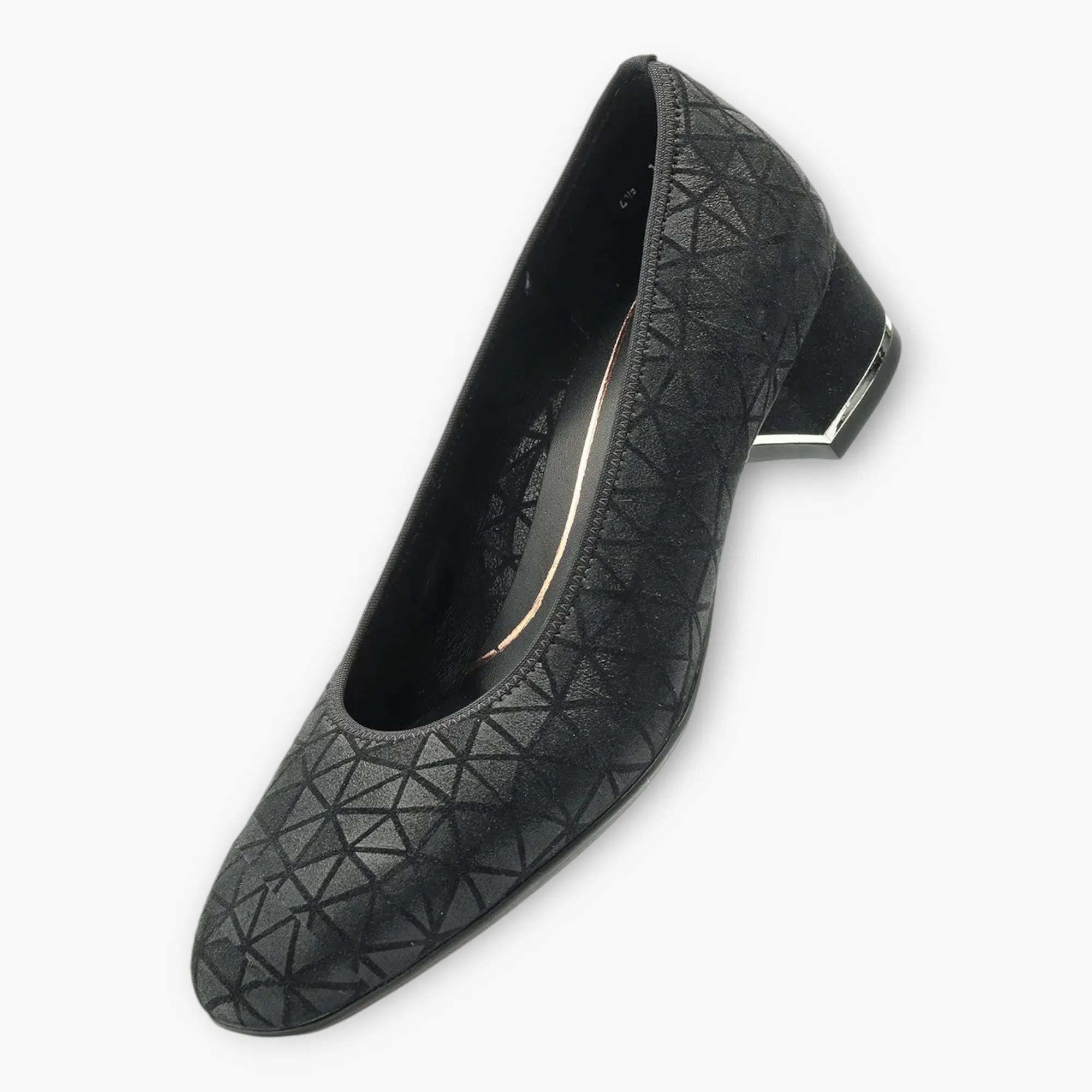 Ara Black Leather Court Shoes with Geometric Design and Silver Heel Detail