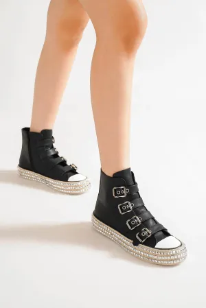 Beast Fashion Multi-Buckle Straps Studded Platform Sneakers In Black