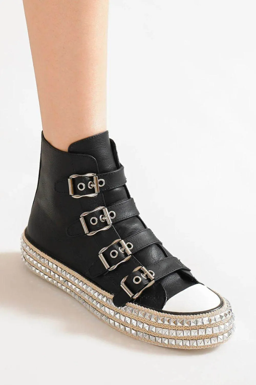 Beast Fashion Multi-Buckle Straps Studded Platform Sneakers In Black