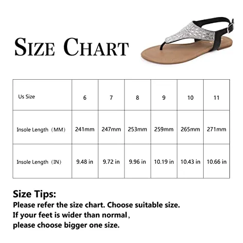 BENEKER Women's Rhinestone Thong Flat Sandals T-Strap Fashion Sandals Ankle Strap Summer Gladiator Sandals Black 06