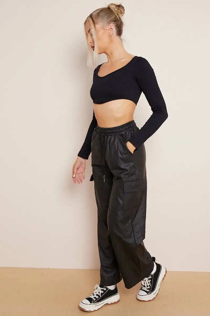 Black Wide Leg Pockets PU Cargo Pants