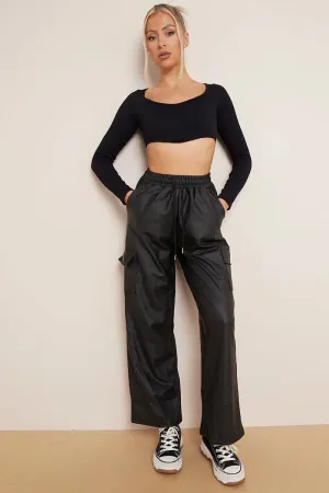 Black Wide Leg Pockets PU Cargo Pants