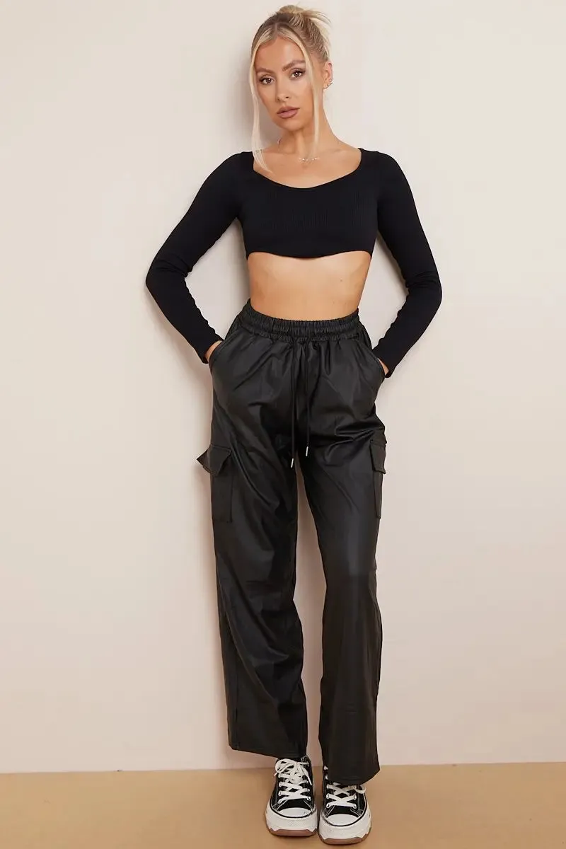 Black Wide Leg Pockets PU Cargo Pants