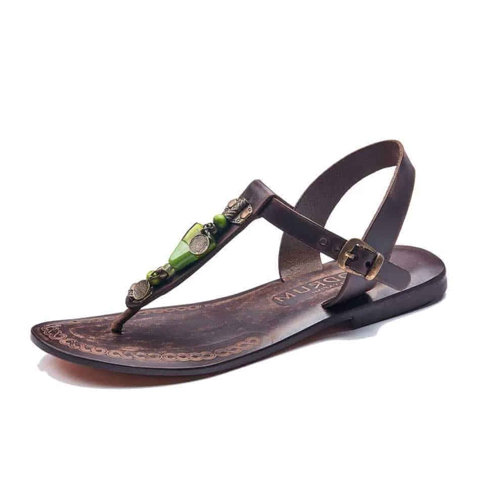 Brown Leather T Strap Thong Flat Sandals