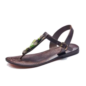 Brown Leather T Strap Thong Flat Sandals