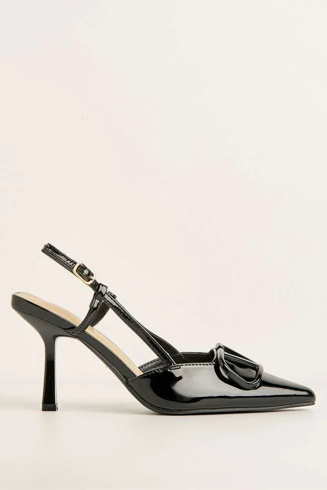 Cia Brooch Detail Slingback Court Shoes in Black