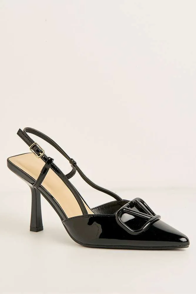 Cia Brooch Detail Slingback Court Shoes in Black