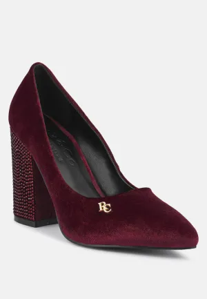 CYBER-GIRL Burgundy Rhinestone Block Heeled Pumps