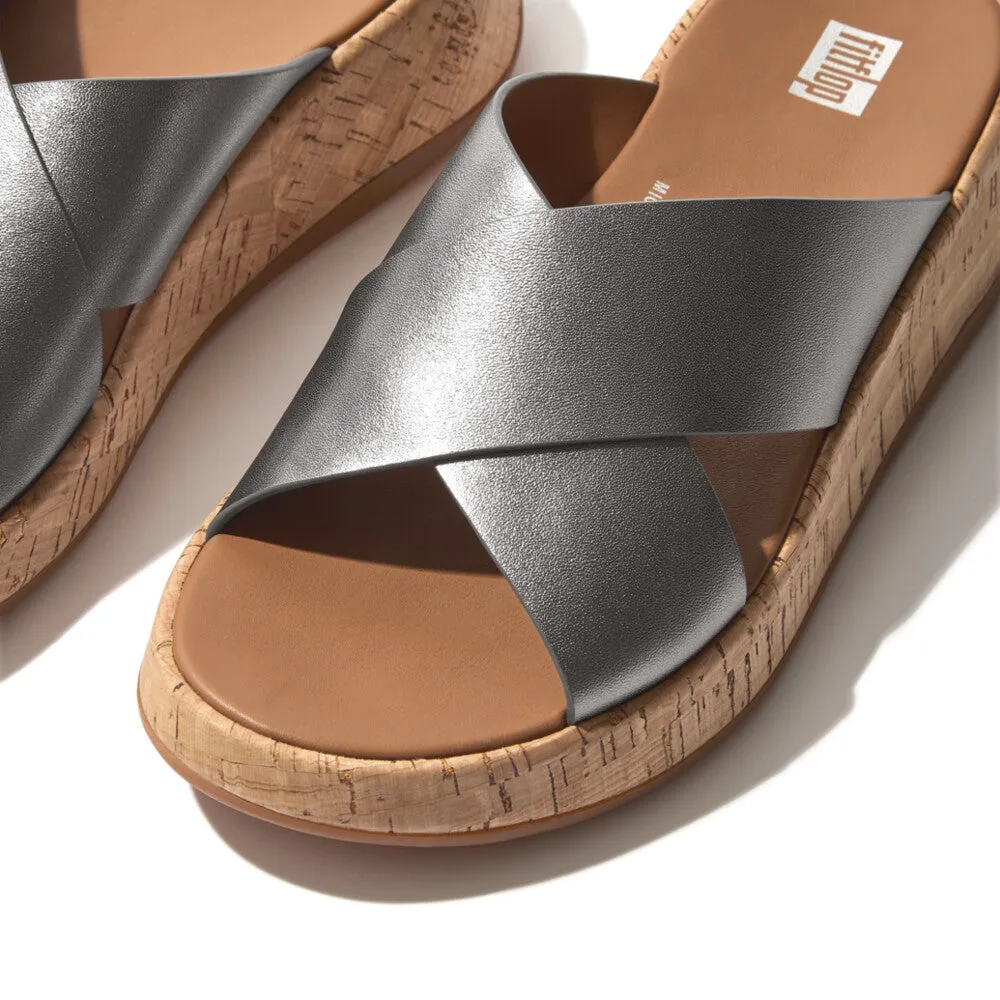 FitFlop F-Mode Leather Flatform Cross Slide Sandals - Classic Pewter Mix