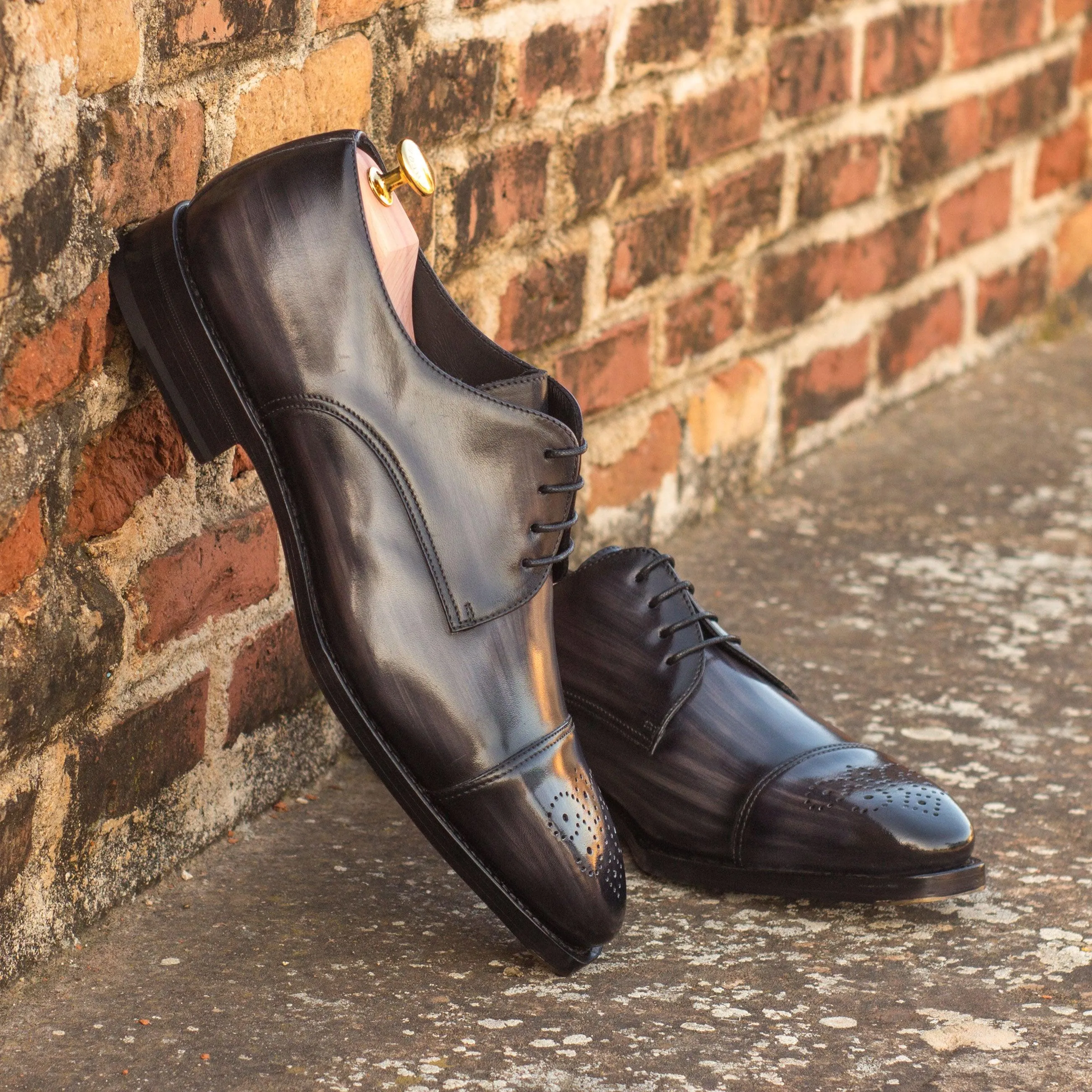 Grey Patina Leather Derby Shoes