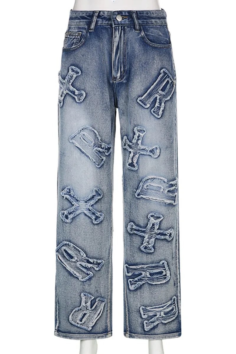 HWT1213 Distressed Patchwork Statement Jeans Pant