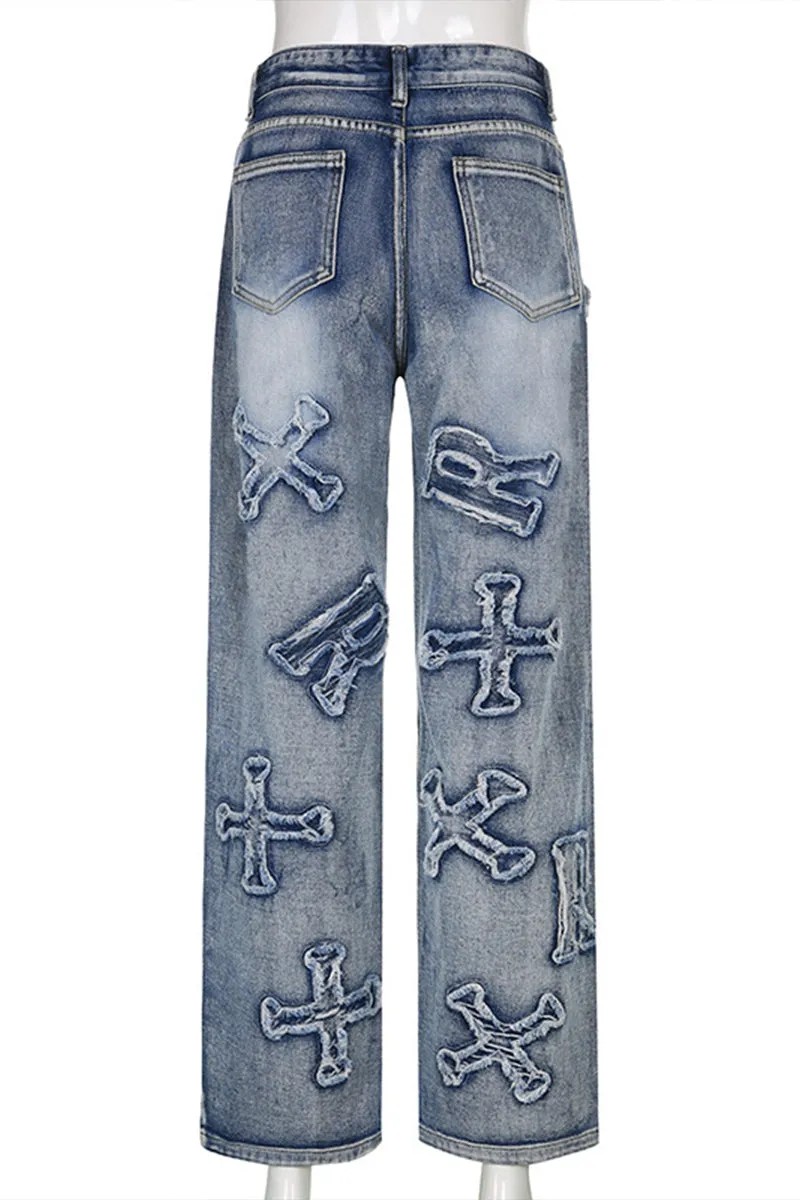 HWT1213 Distressed Patchwork Statement Jeans Pant