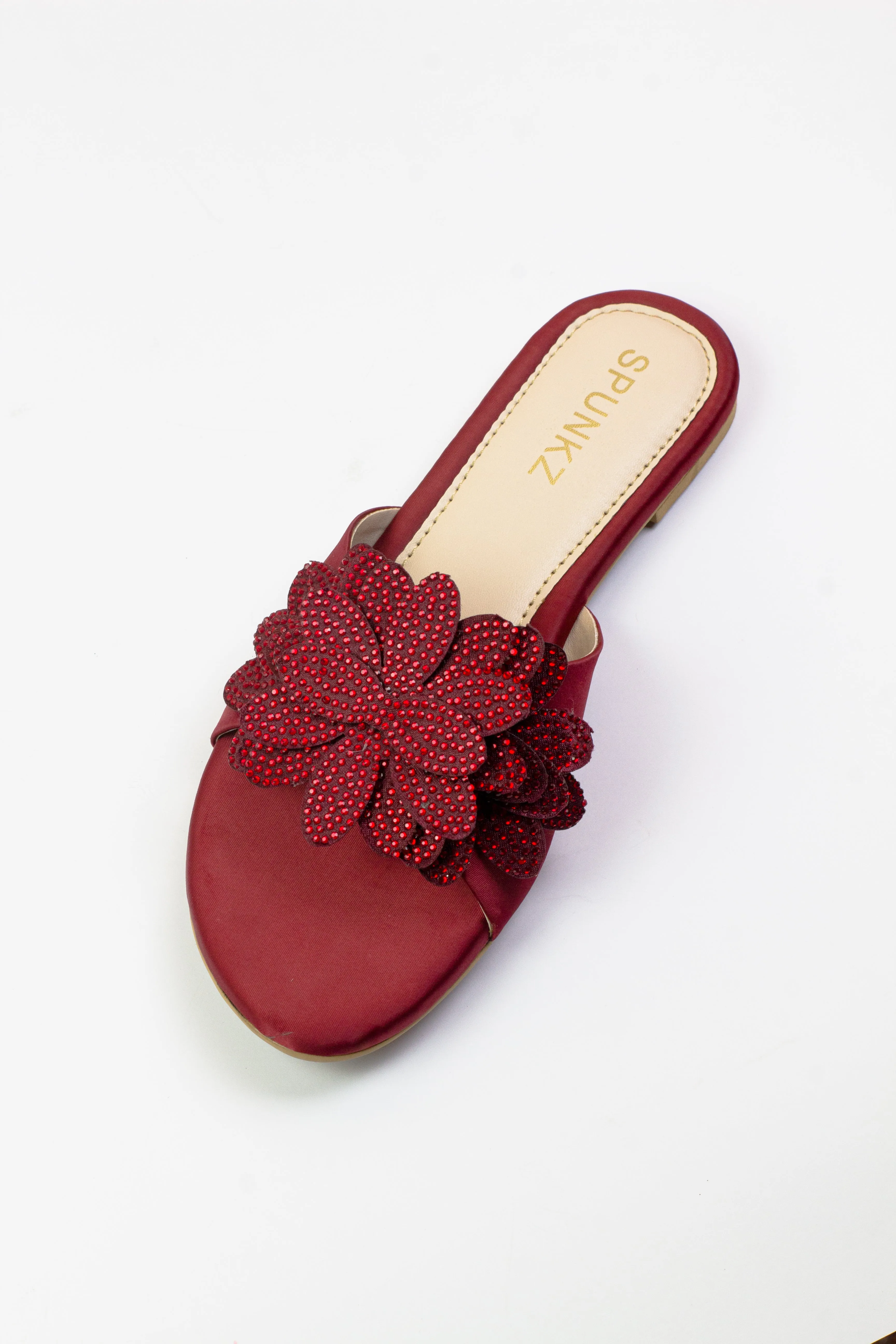 Melena Shiny Diamante Maroon Flower Rhinestone Decor Slides