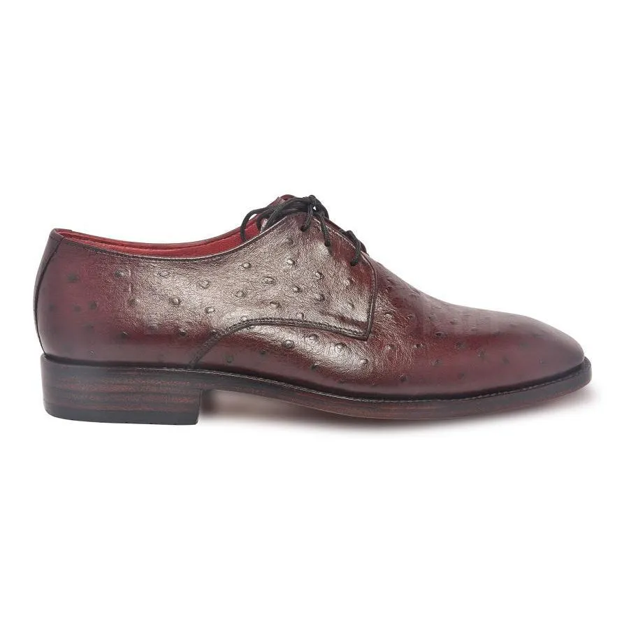 Men Red Maroon Ostrich Pattern Derby Leather Shoes