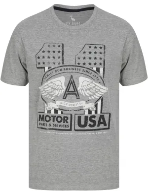 Motor 11 Motif Cotton Jersey T-Shirt in Mid Grey Marl - South Shore