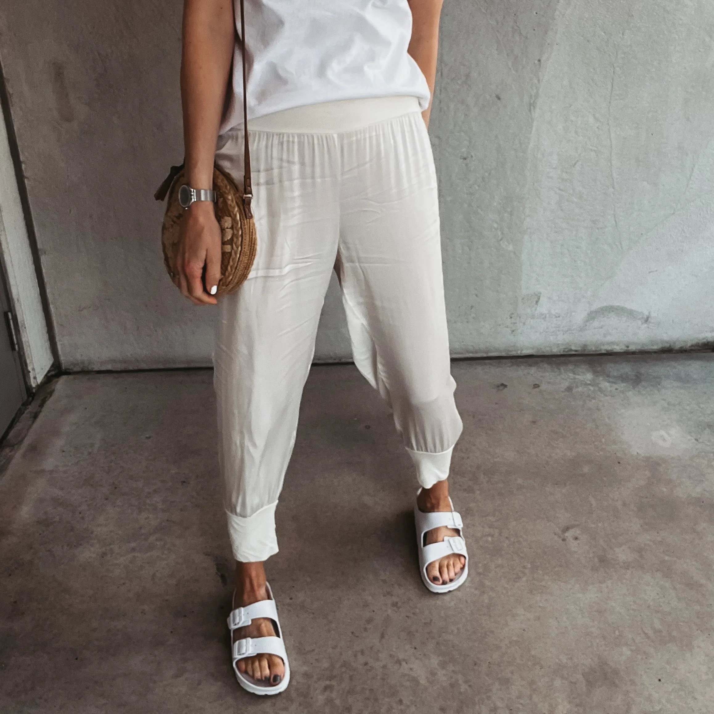 Napoli VINTAGE WHITE satin harem joggers