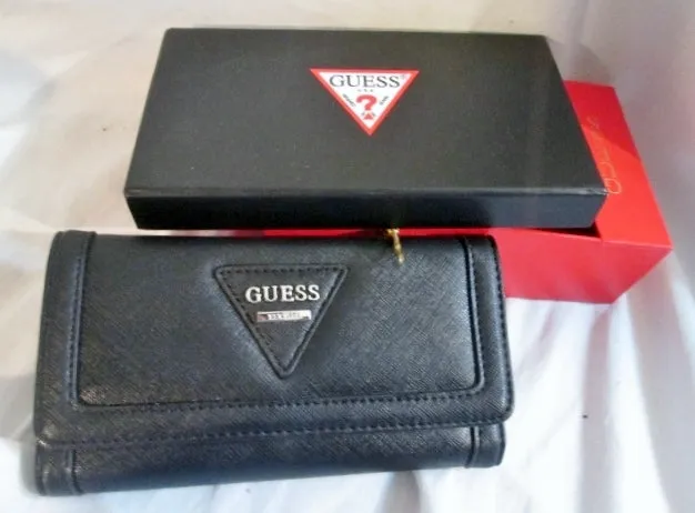 NEW NWT NIB GUESS Women's Polished SLG Trifold Clutch Wallet Organizer BLACK Gift