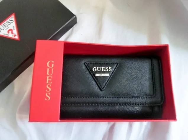 NEW NWT NIB GUESS Women's Polished SLG Trifold Clutch Wallet Organizer BLACK Gift