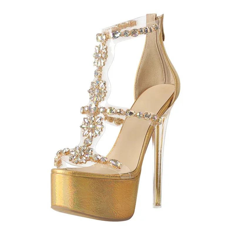 Platform Round Toe Crystal Cover Heel Clear Metal High Heels Sandals