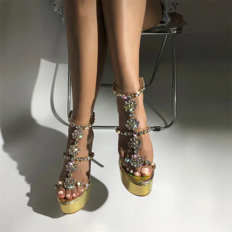 Platform Round Toe Crystal Cover Heel Clear Metal High Heels Sandals