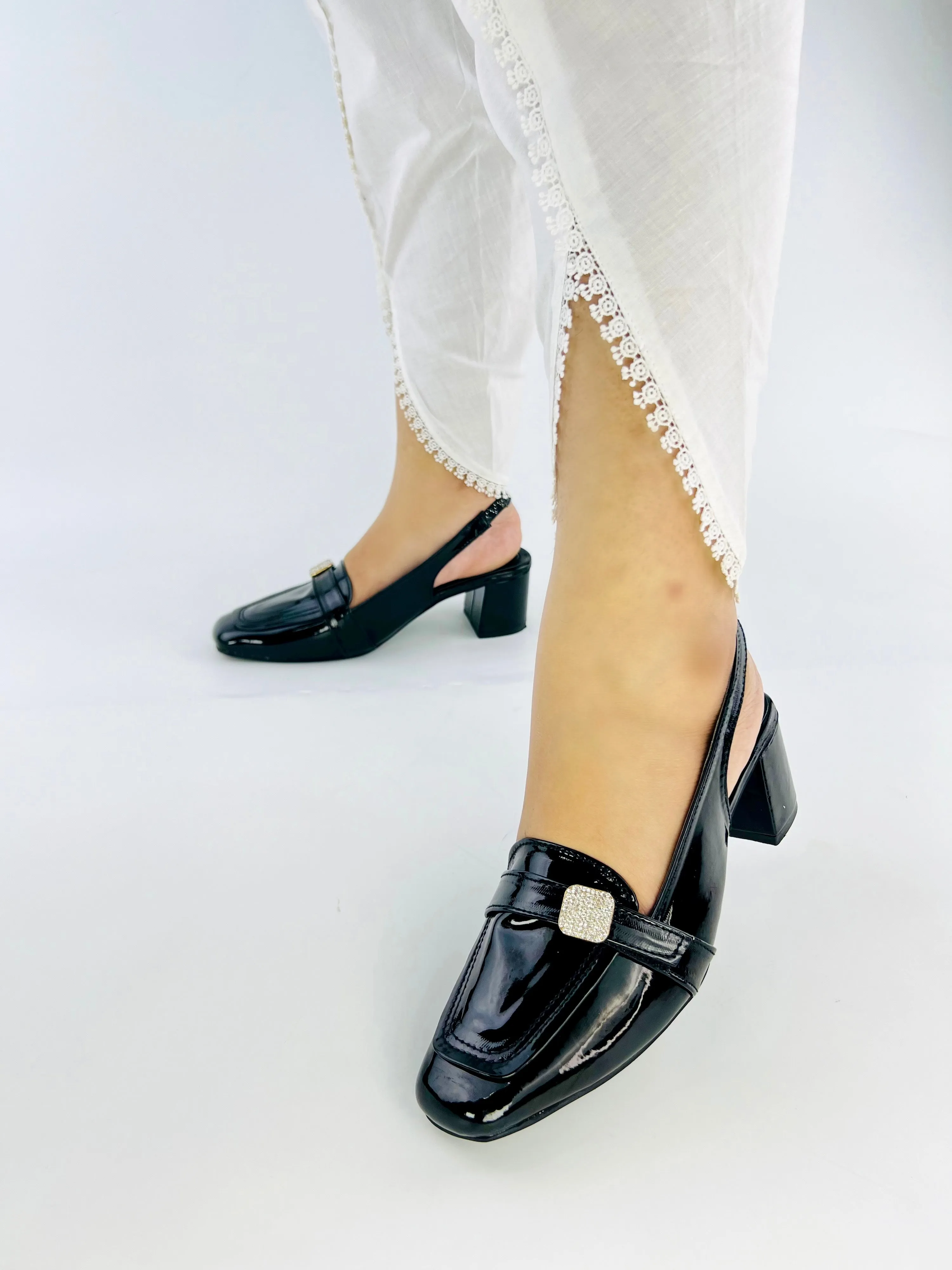 Spunkz Black Patent Leather Square Toe Block Heel Sandals