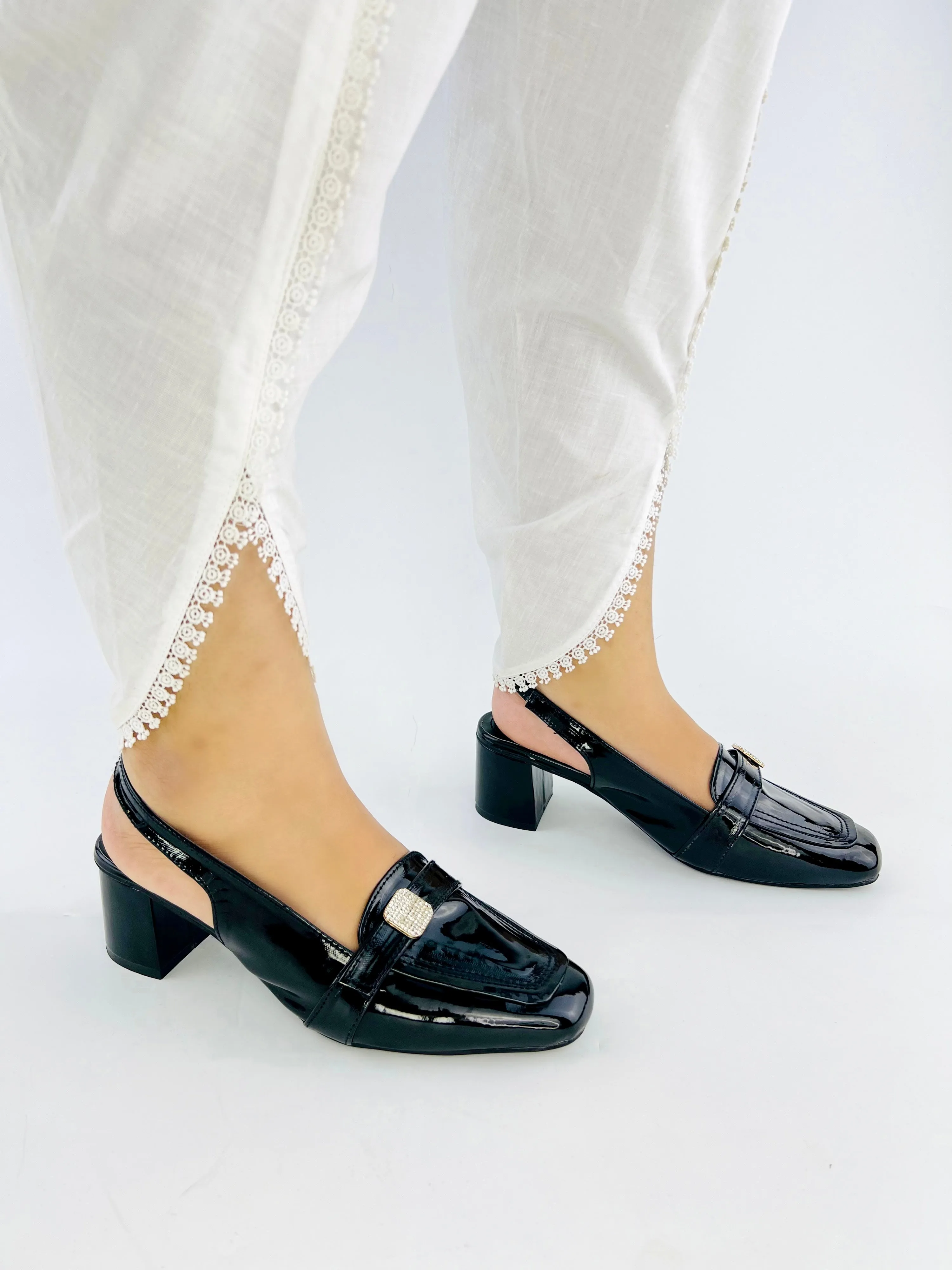 Spunkz Black Patent Leather Square Toe Block Heel Sandals