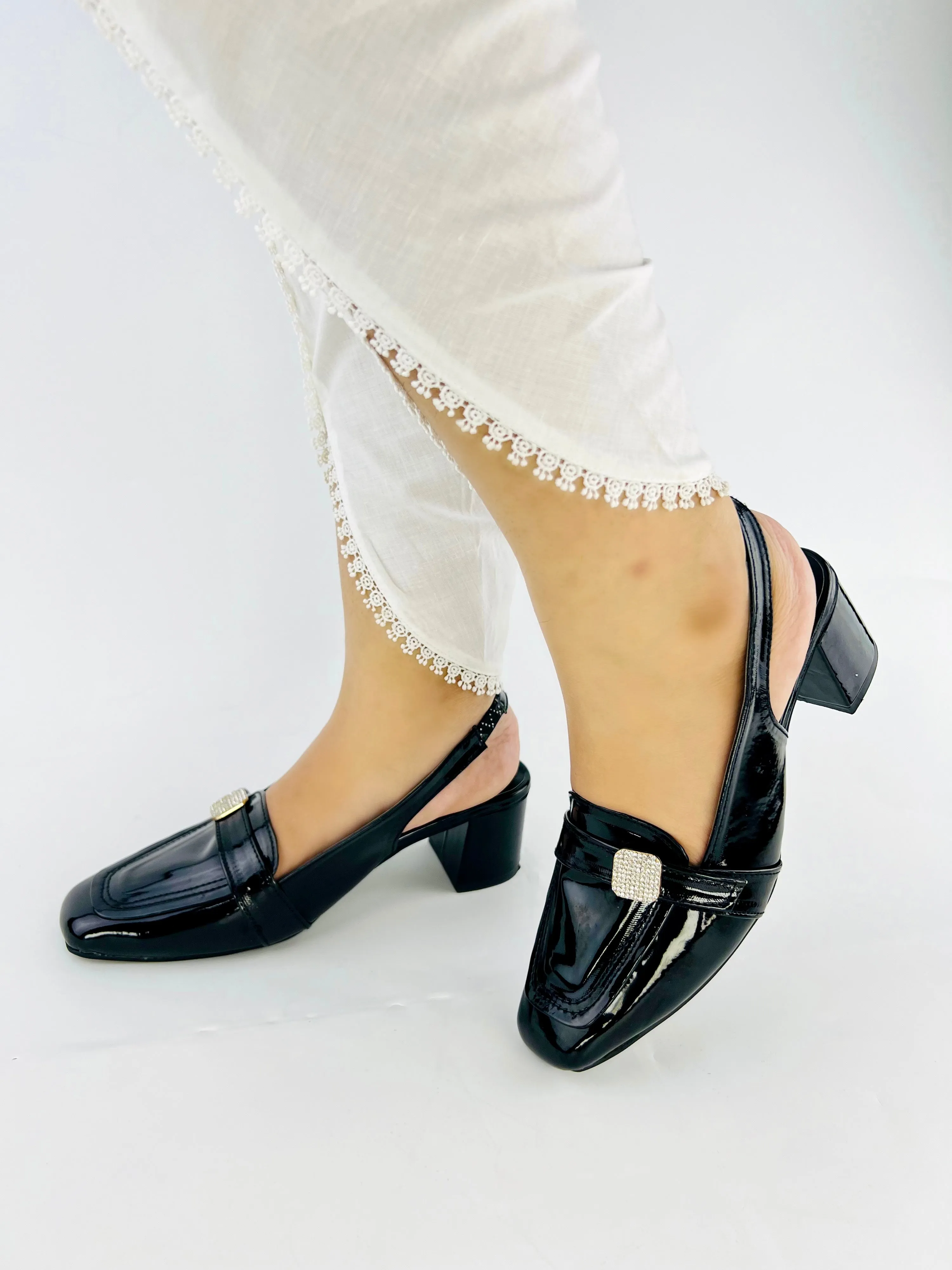 Spunkz Black Patent Leather Square Toe Block Heel Sandals