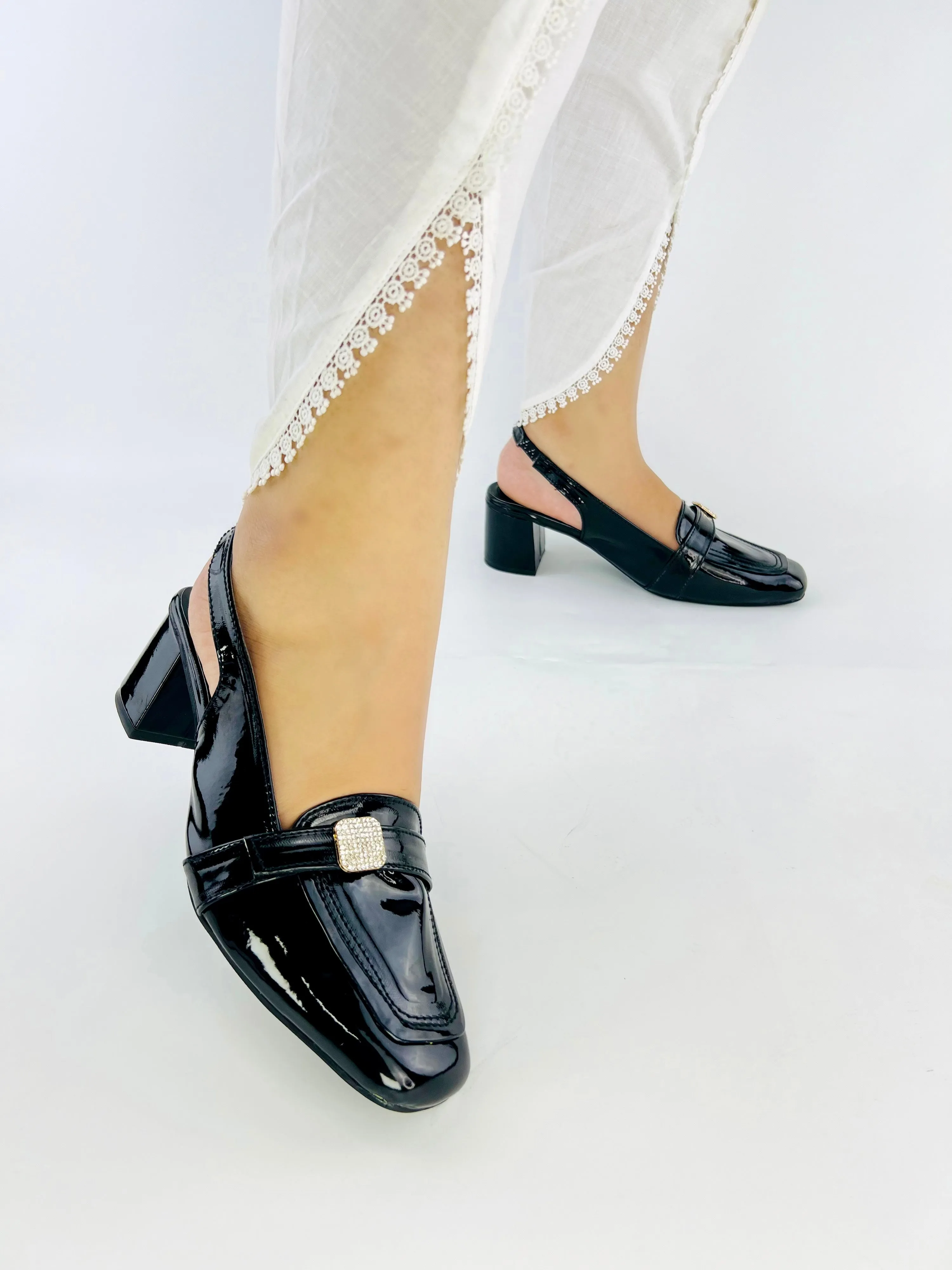 Spunkz Black Patent Leather Square Toe Block Heel Sandals