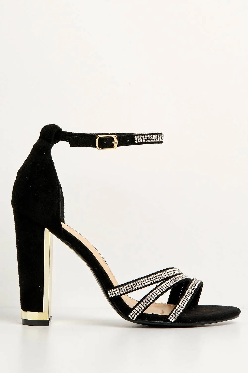 Theda Block Heel Diamante Embellished Ankle Strap Sandals in Black Sudede