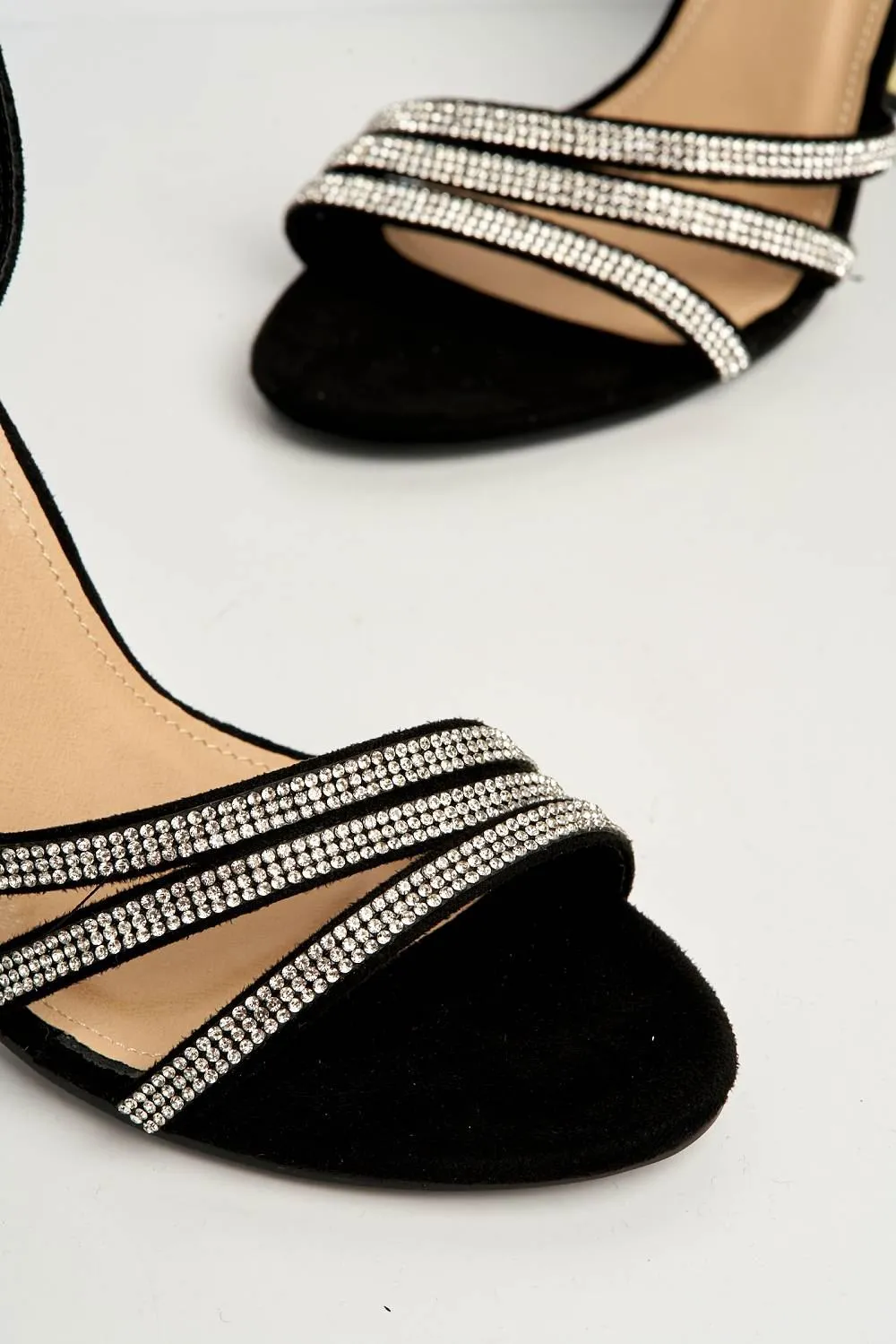 Theda Block Heel Diamante Embellished Ankle Strap Sandals in Black Sudede