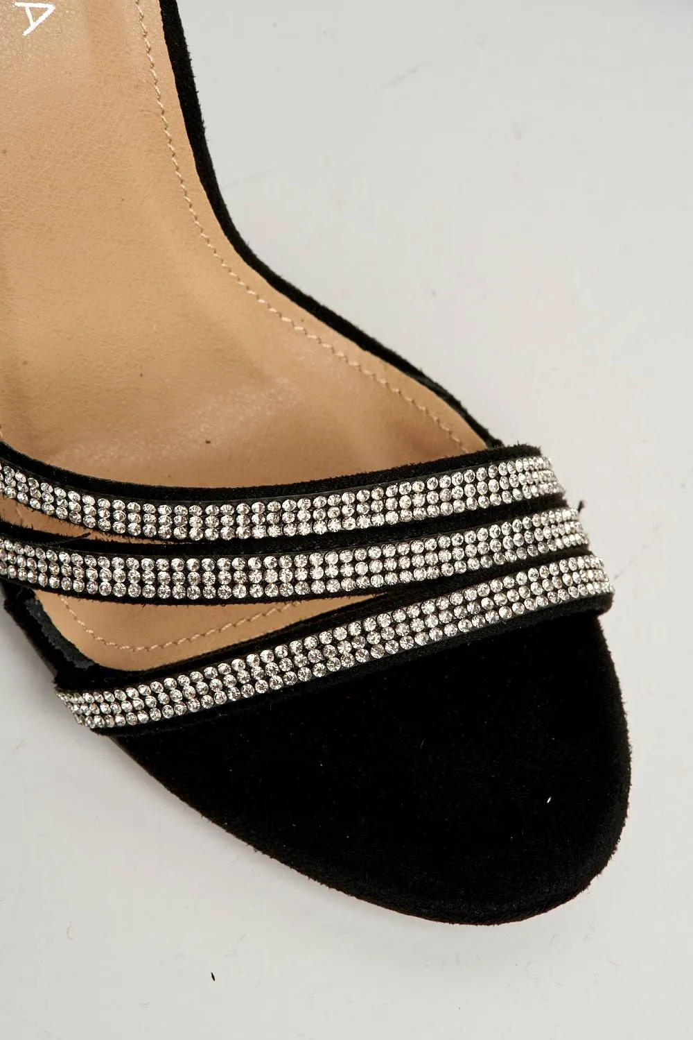 Theda Block Heel Diamante Embellished Ankle Strap Sandals in Black Sudede