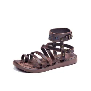 Toe Loop Ankle Wrap Leather Sandals For Womens