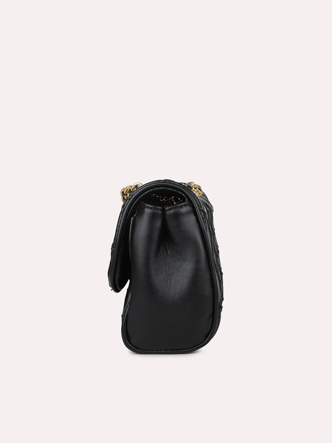 Women Black Structured Chain Sling Bag with Quilted Texture