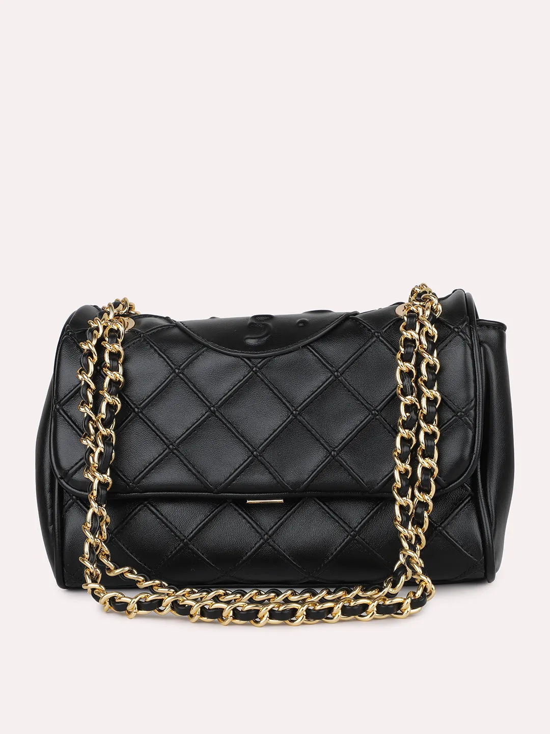 Women Black Structured Chain Sling Bag with Quilted Texture