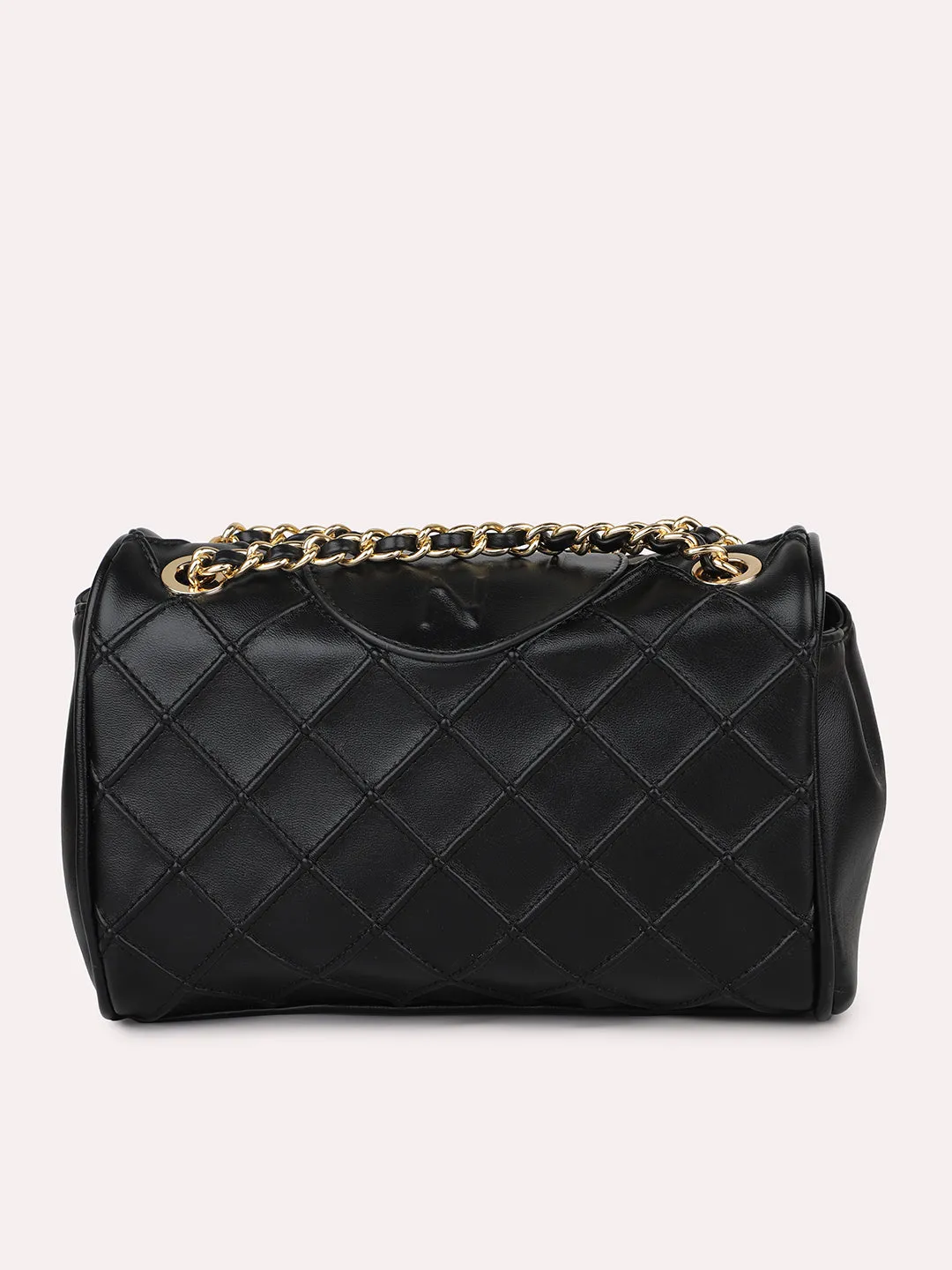 Women Black Structured Chain Sling Bag with Quilted Texture