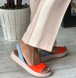 Women color block strap peep toe slingback flat sandals