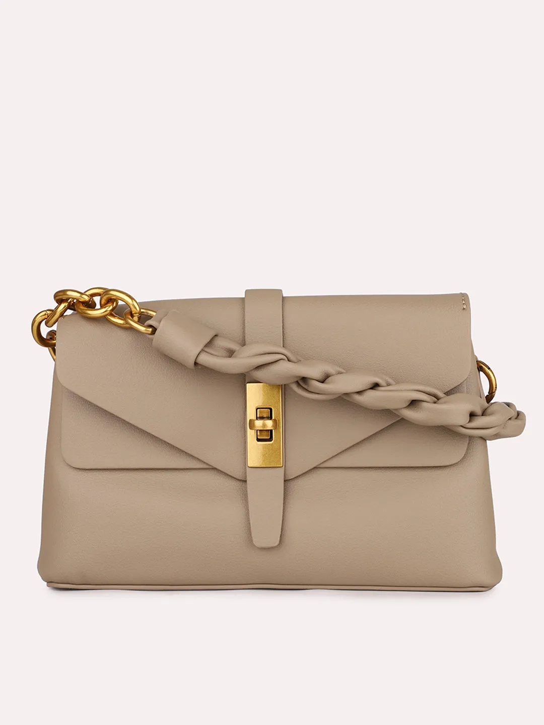 Women Grey Solid Structured Sling Bag with Front Lock Detail