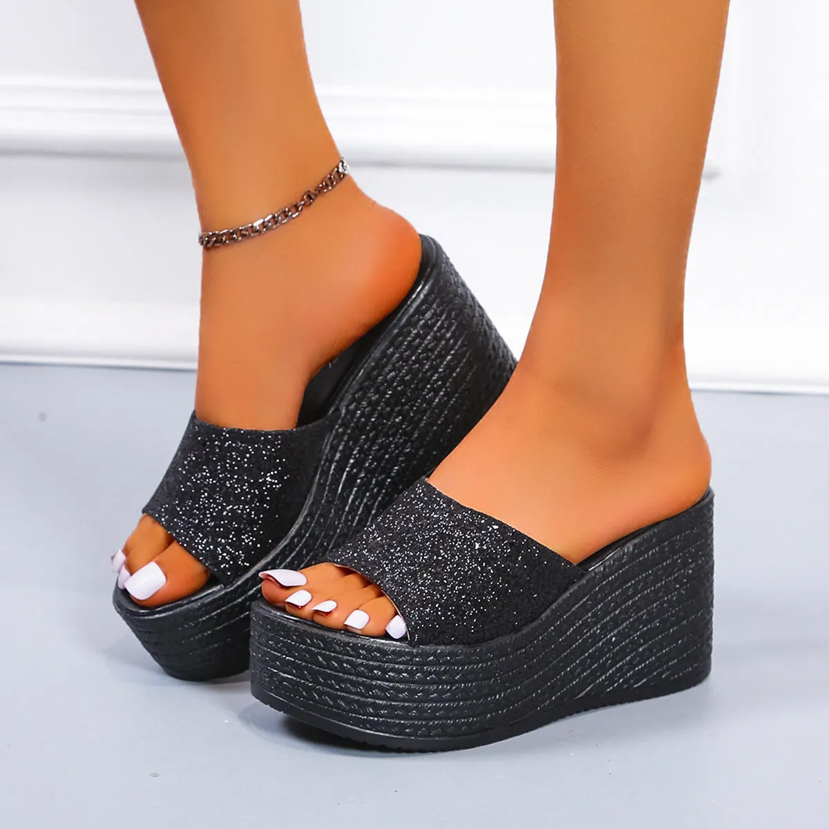 Women sequin strap peep toe slide platform wedge sandals