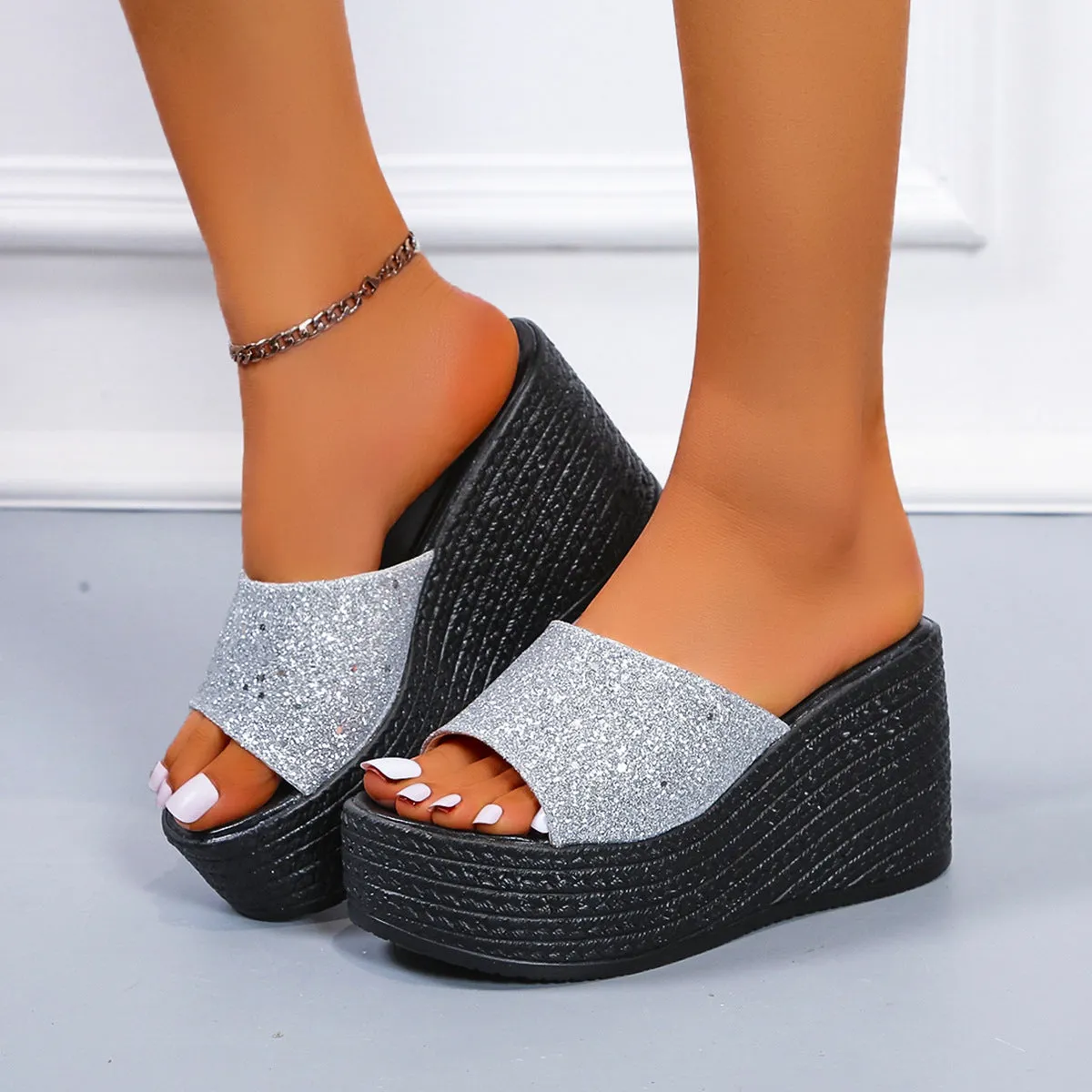 Women sequin strap peep toe slide platform wedge sandals