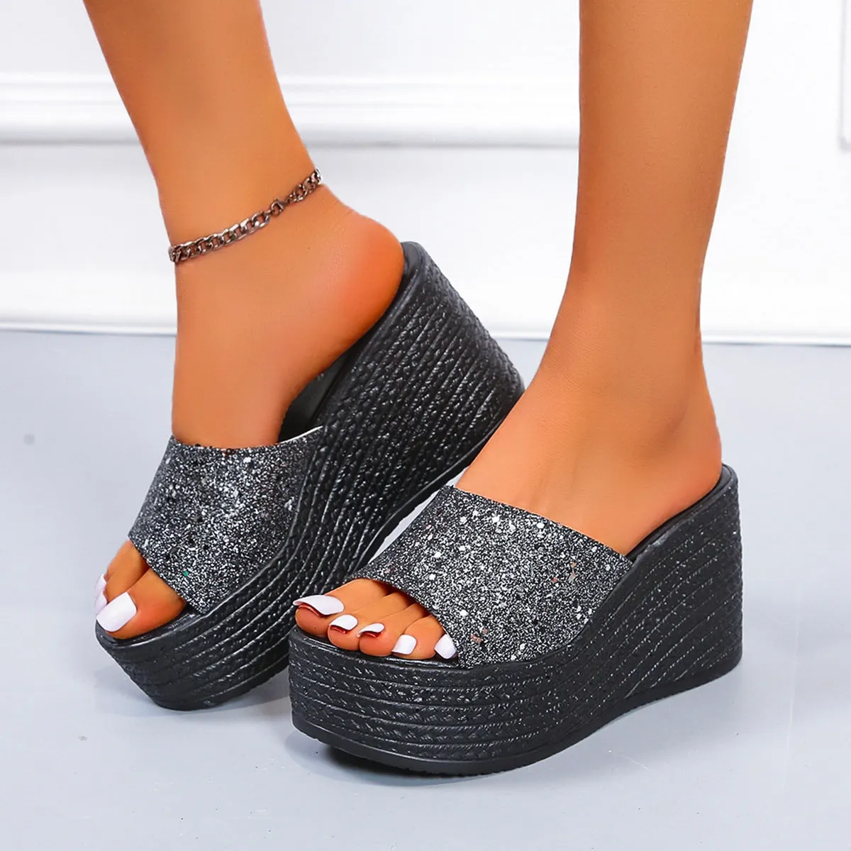 Women sequin strap peep toe slide platform wedge sandals