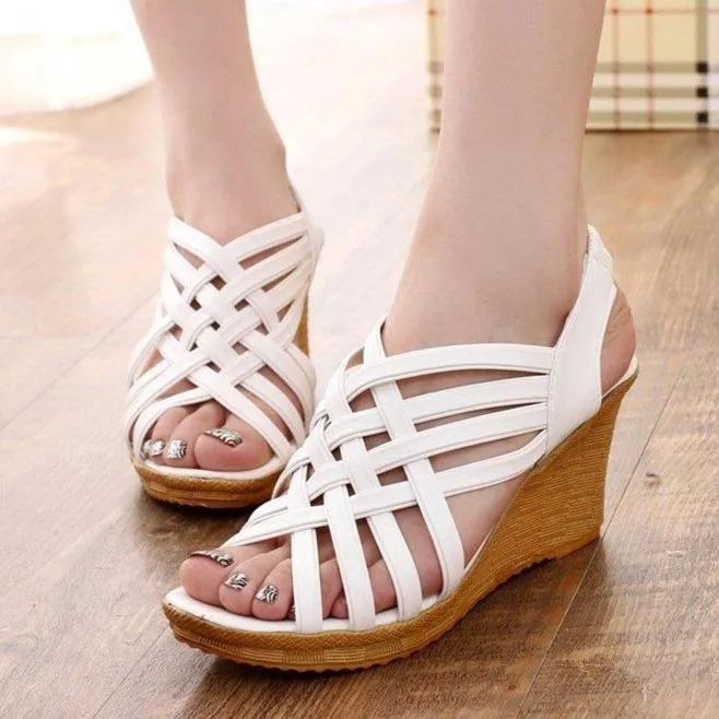 Women sexy peep toe slingback elastic strap wedge sandals