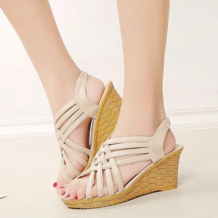 Women sexy peep toe slingback elastic strap wedge sandals