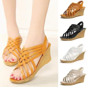 Women sexy peep toe slingback elastic strap wedge sandals