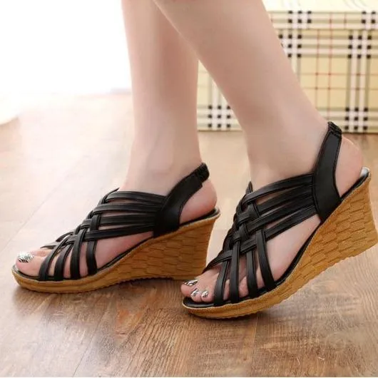 Women sexy peep toe slingback elastic strap wedge sandals