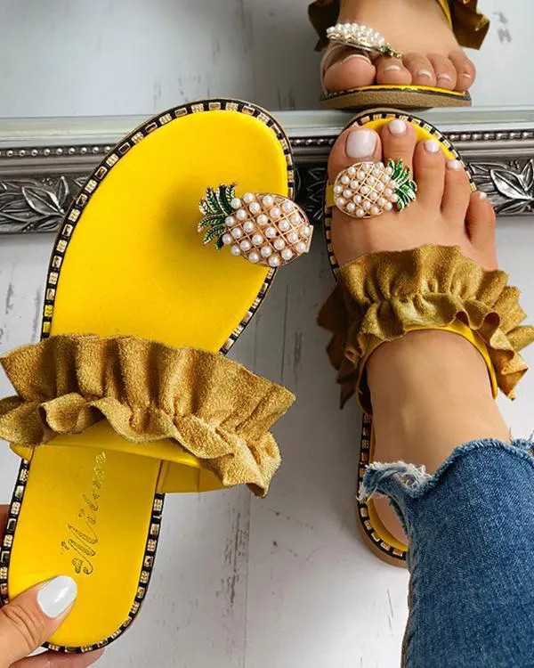 Women Summer Pineapple Rhinestone Beach Slide Sandals