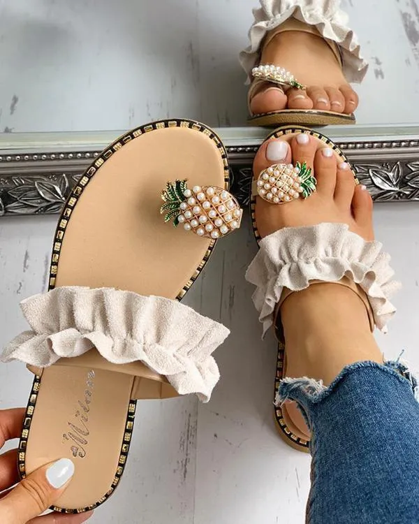 Women Summer Pineapple Rhinestone Beach Slide Sandals